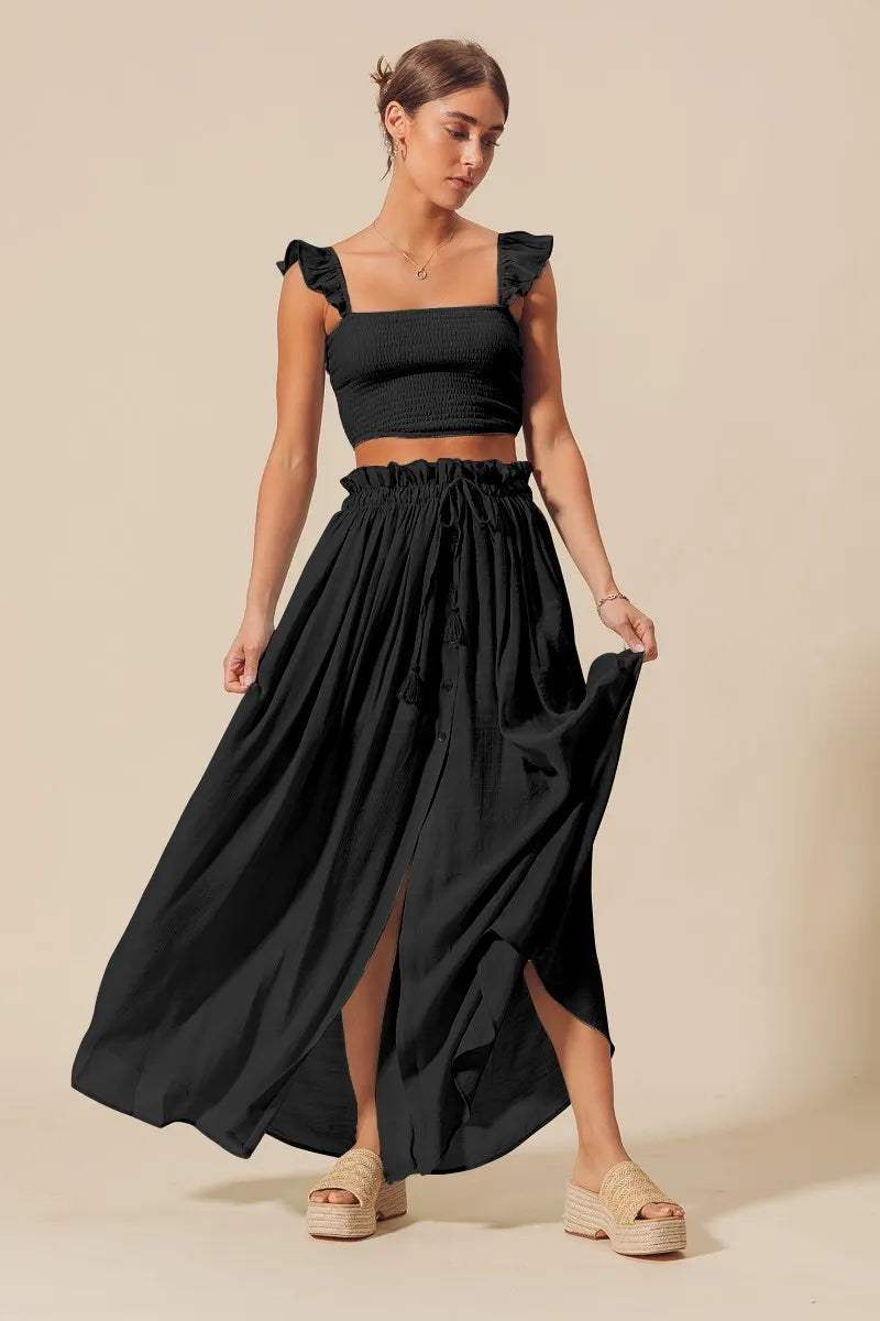 SO ME Smocked Top and Flowy Maxi Skirt Set - Farnelli