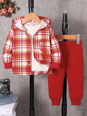 Children's Plaid Button Up Hooded Top & Pants Set - Farnelli