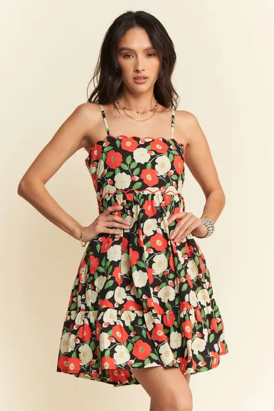 Davi & Dani Floral Scalloped Cutout Back Mini Dress - Farnelli