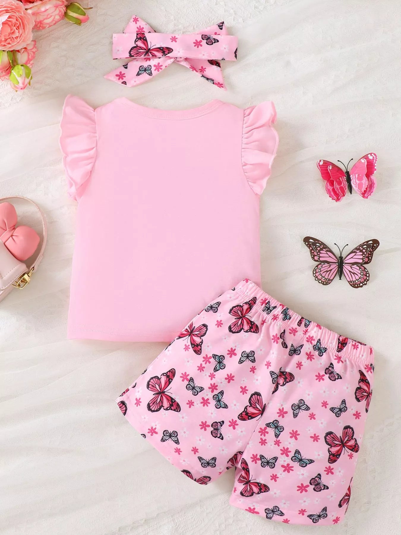 Children's Little Sister Butterfly Print Ruffle Trim Set - Farnelli