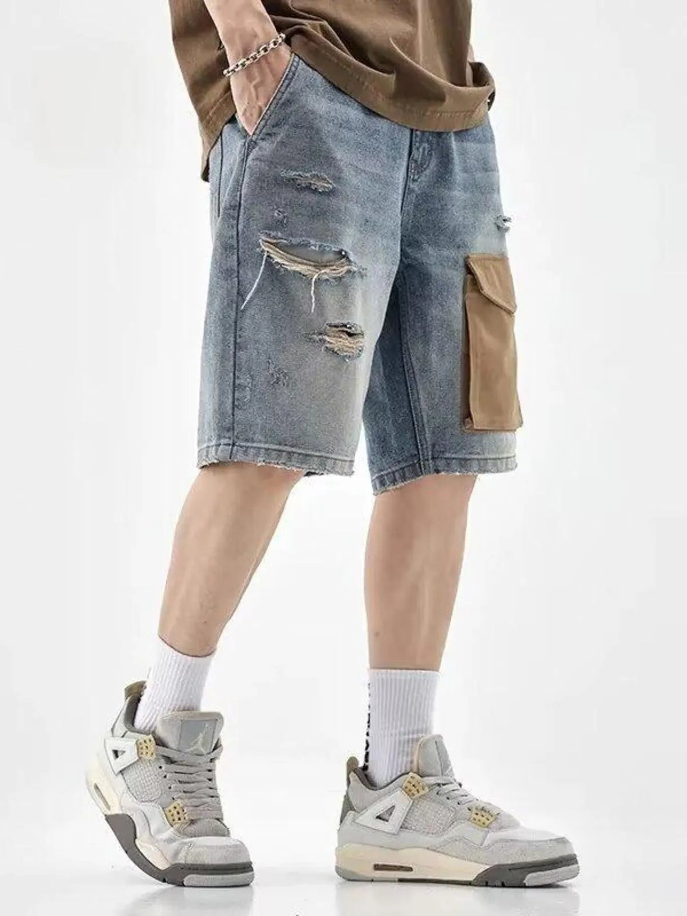 Men's Distressed Denim Shorts with Utility Pocket - Farnelli