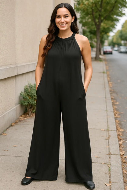 Double Take Full Size Tie Back Cutout Sleeveless Jumpsuit - Farnelli