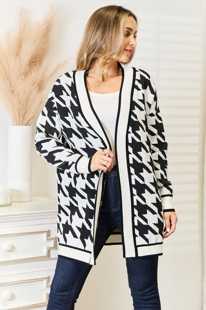 Mandy Woven Right Houndstooth Open Front Longline Cardigan - Farnelli