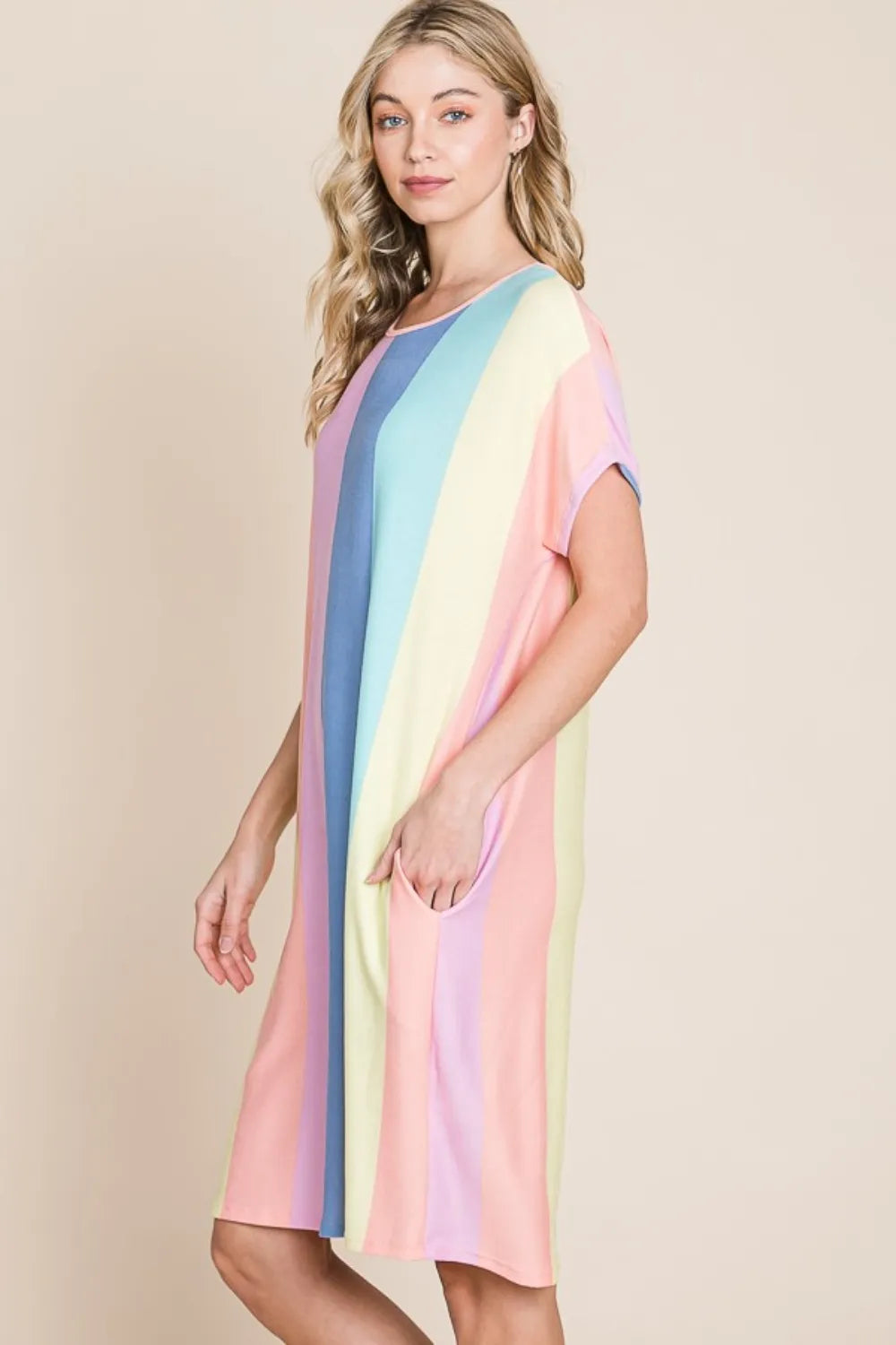 BOMBOM Striped Short Sleeve Dress with Pockets - Farnelli