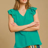 Umgee Full Size V-Neck Double Layered Ruffle Sleeve Blouse Plus Size - Turquoise