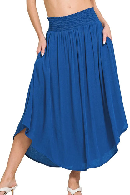 Zenana Woven Crinkle Smocked Waist Maxi Skirt W Pockets - Farnelli
