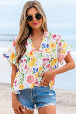 Liberty Floral Boxy Fit Ruffled Short Sleeve V Neck Blouse - Farnelli