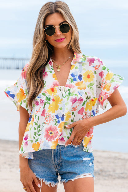 Liberty Floral Boxy Fit Ruffled Short Sleeve V Neck Blouse - Farnelli