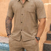 Men's Full Size Button Up Short Sleeve Top and Shorts Set Plus Size - Khaki
