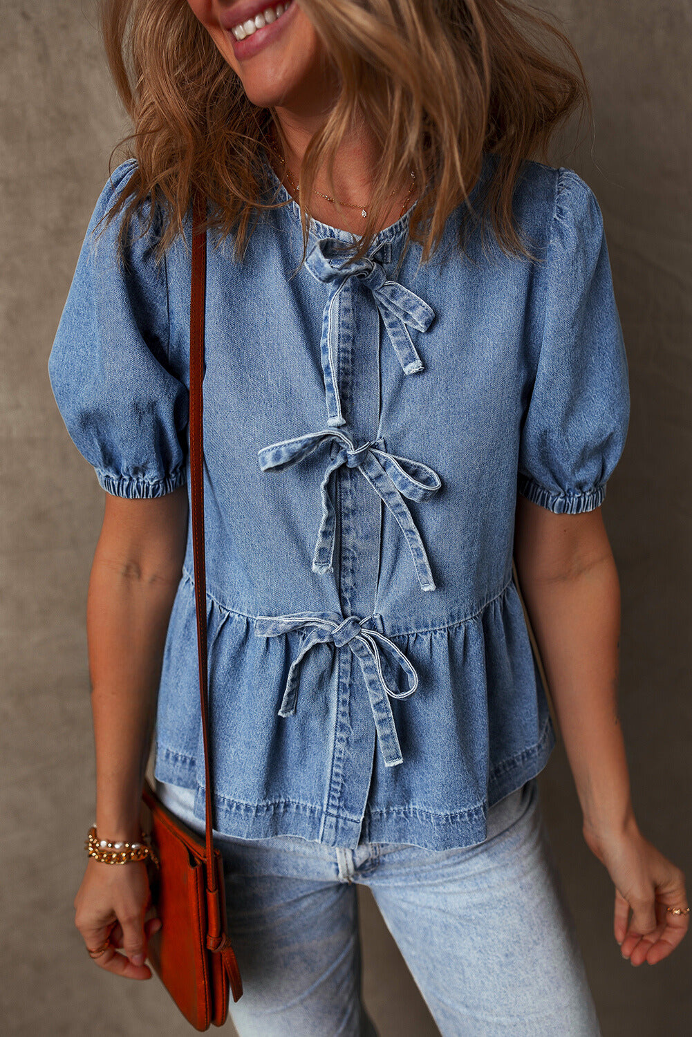 Hope Tied Front Bubble Sleeve Peplum Denim Shirt - Farnelli