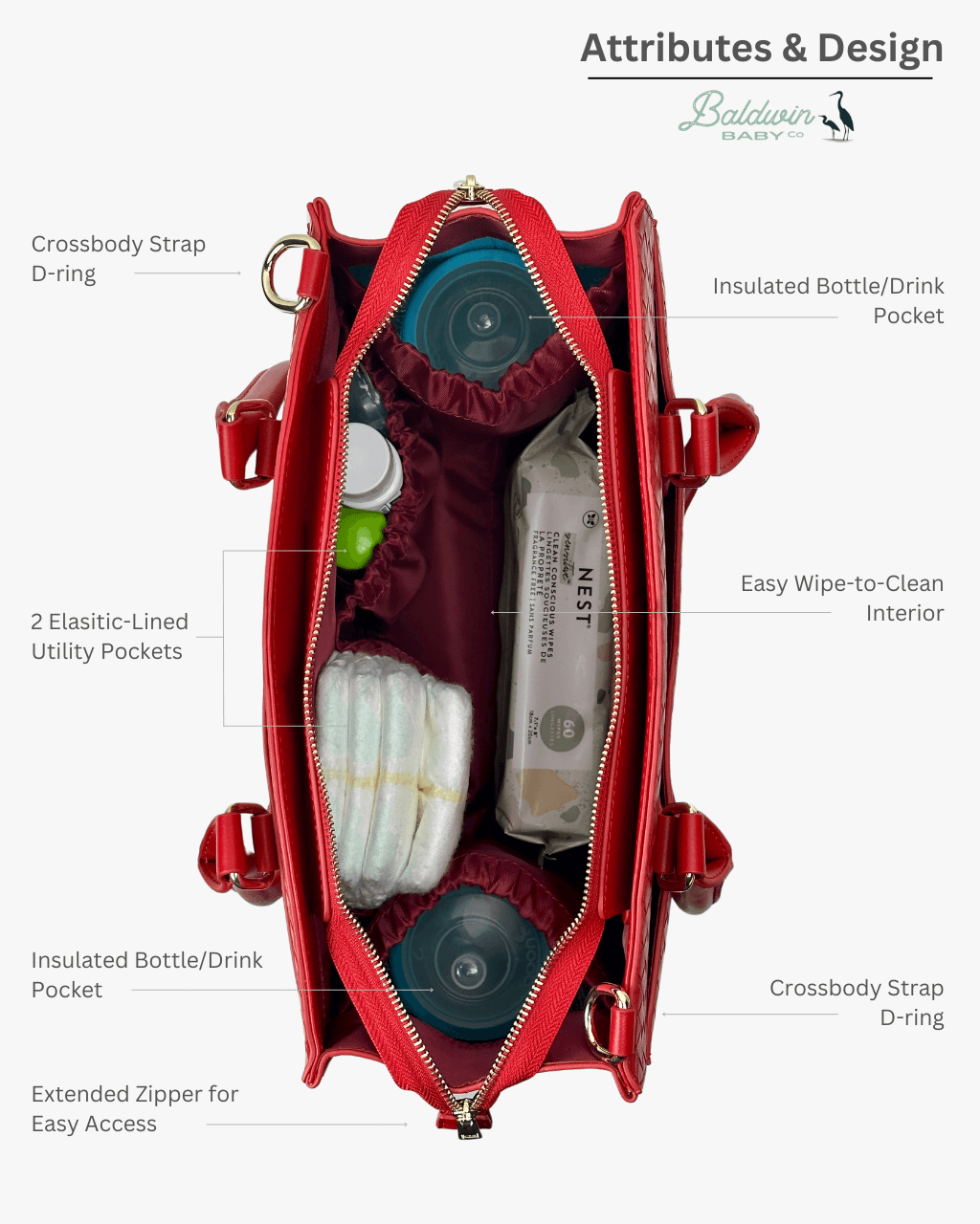 Baldwin Baby Company Montrose diaper bag tote in Cardinal, interior compartments and pockets shown
