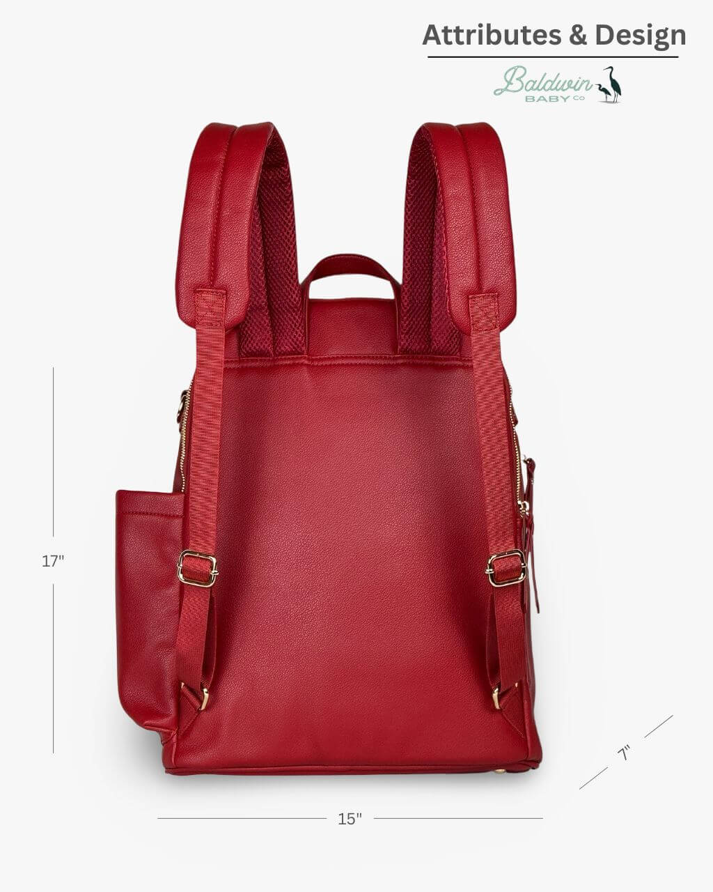 Baldwin Baby Company Daphne diaper bag in crimson, back view with dimensions labeled
