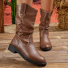 Round Toe Block Heels Boots - Dark Brown