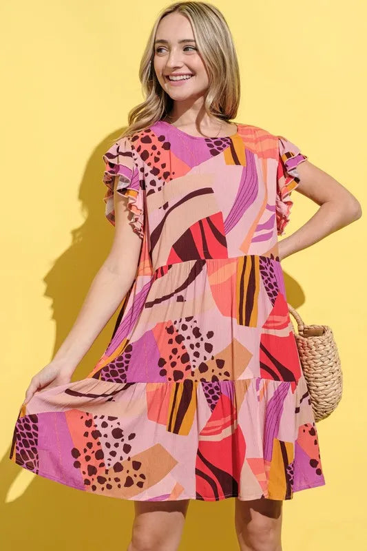 And The Why Printed Double Ruffles Sleeve Dress - Farnelli