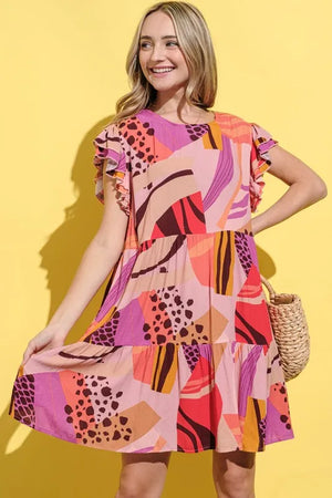 And The Why Printed Double Ruffles Sleeve Dress - Farnelli