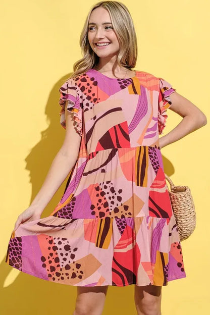 And The Why Printed Double Ruffles Sleeve Dress - Farnelli