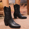 Point Toe Block Heels Boots - Black