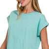 Zenana Rolled Sleeve Crop T-Shirt - H TURQUOISE