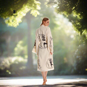 Boho cotton kimono robe with yoga girl and moon stamp design, organic loungewear from Miyawfashion, featuring relaxed fit and soft fabric.