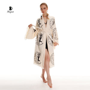 Boho cotton kimono robe by Miyawfashion featuring yoga girl and moon stamp design, organic loungewear for relaxed comfort.