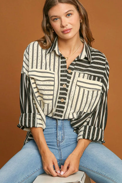 Umgee Full Size Pointelle Stripped Half Button Collared Neck Top Plus Size - Farnelli