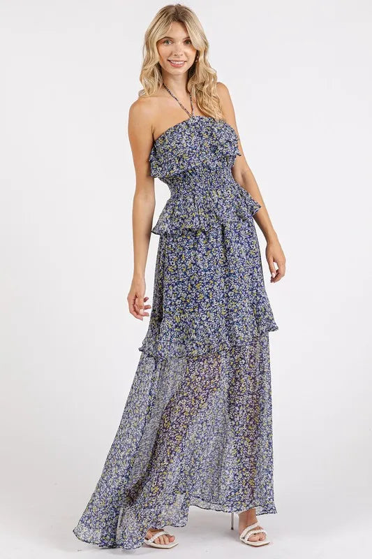 Mittoshop Ruffled Smocked Floral Halter Neck Maxi Dress - Farnelli