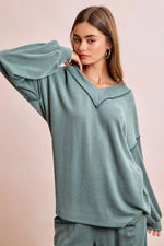 BiBi Two Tone Cord Rib Contrast Stitching V-Neck Top and Pants Set - Farnelli