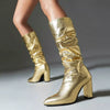 Point Toe Block Heels Boots - Gold
