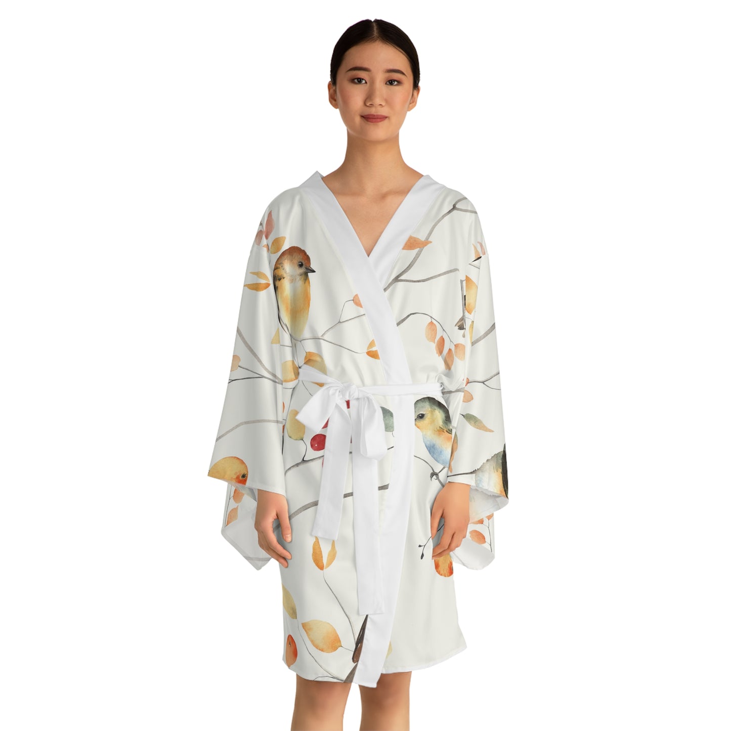 Botanical Bird Long Sleeve Kimono Robe | Cozy Loungewear, Relaxing Spa Gift, Boho Home Decor, Nature-Inspired Gift, Spring Fashion