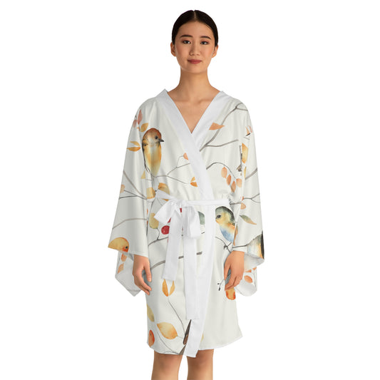 Botanical Bird Long Sleeve Kimono Robe | Cozy Loungewear, Relaxing Spa Gift, Boho Home Decor, Nature-Inspired Gift, Spring Fashion