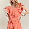 ADORA Ruffle Sleeves Romper with Pockets - CORAL