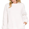 Zenana Fleece Hi-low Boyfriend Sweatshirts with Pockets - OFF WHITE