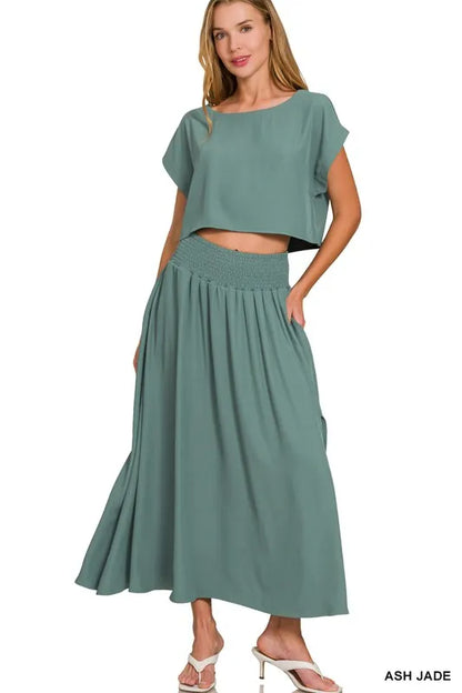 Zenana Heavy Woven Span Crop Tee & Skirt Set - Farnelli