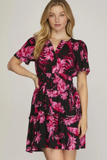 She + Sky Full Size Printed Notched Short Sleeve Frill Tiered Dress Plus Size - Farnelli