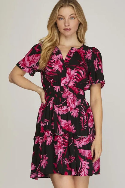She + Sky Full Size Printed Notched Short Sleeve Frill Tiered Dress Plus Size - Farnelli