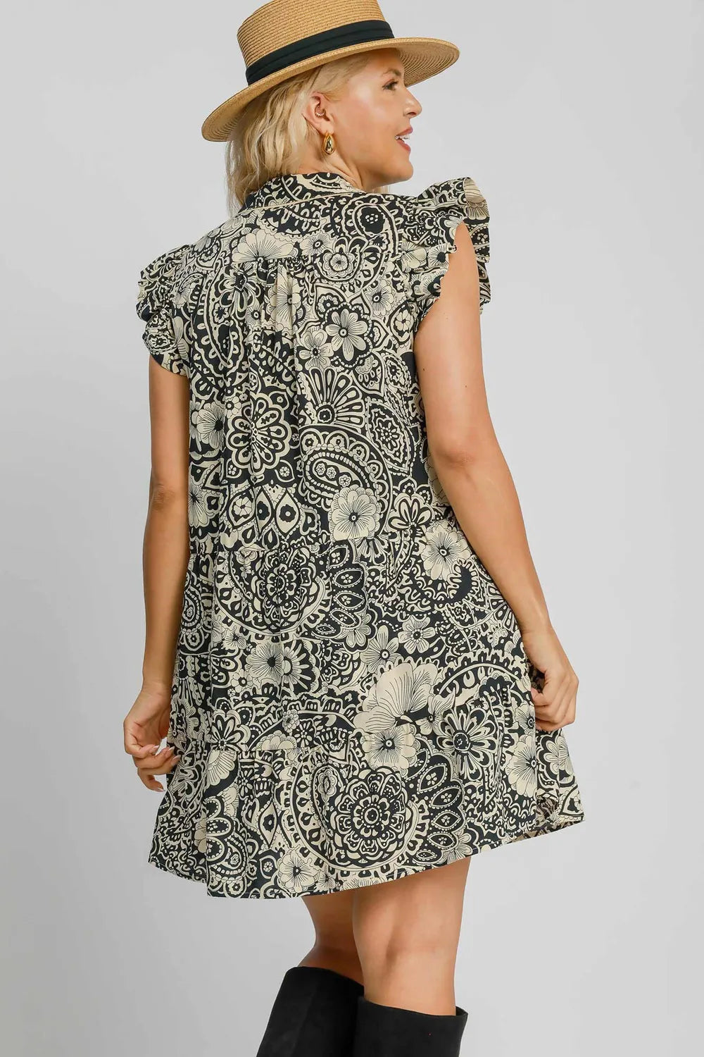 Umgee Full Size Printed Ruffle Cap Sleeve Babydoll Dress Plus Size - Farnelli