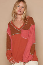 POL V-Neck Knit Panel Exposed Seam Top - Farnelli