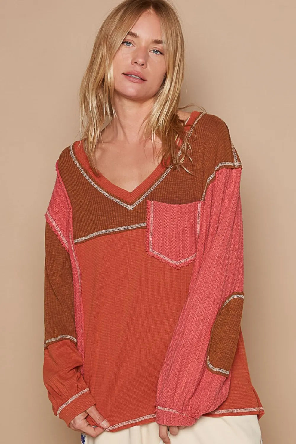 POL V-Neck Knit Panel Exposed Seam Top - Farnelli
