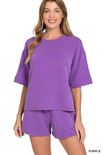 Zenana Raised Rib Short Sleeve Tee and Drawstring Shorts Set - Farnelli