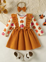 Children's Pumpkin Print Ruffle Dress with Bow Headband - Farnelli
