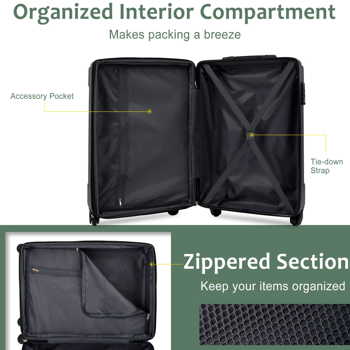 HouseOfZazla 20-inch black hardshell carry-on luggage with four spinner wheels