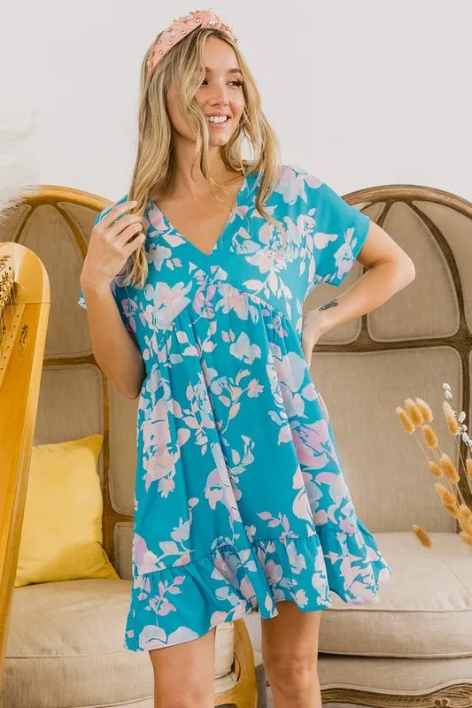 BiBi Floral Crinkle Shirred Ruffle Detail V Neck Dress - Farnelli
