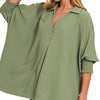 Zenana Airflow Collar Tee with Smocked Sleeve Band Top - LT OLIVE