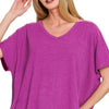 Zenana Ribbed V-Neck Short-Sleeve Knit Top - LT PLUM