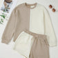 Color Block Patchwork Textured Long Sleeve Top and Short Lounge Set - Farnelli