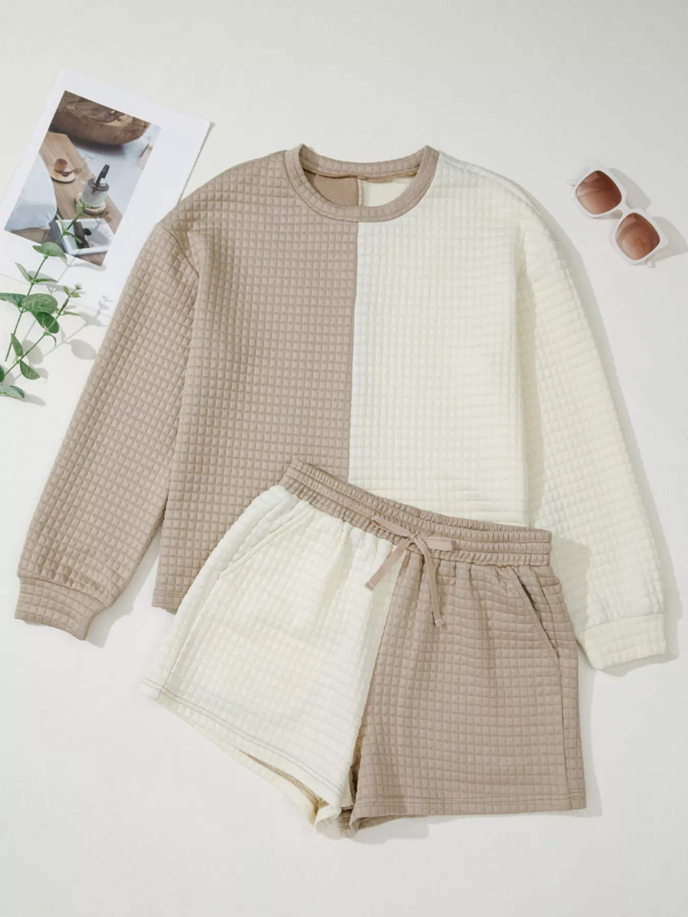Color Block Patchwork Textured Long Sleeve Top and Short Lounge Set - Farnelli