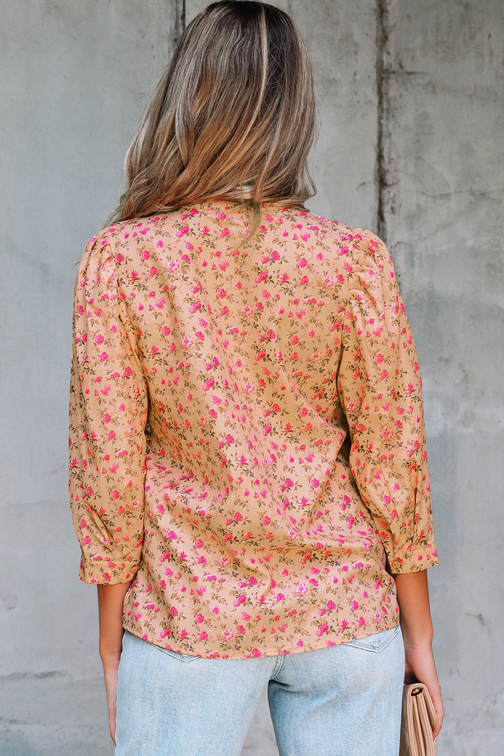 Sadie Floral Bow Pin-tuck Bust Half Puff Sleeve Blouse - Farnelli