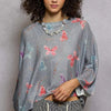 POL Butterflies Pattern Round Neck knit Top with Outseam Rolling Edge - HEATHER GREY