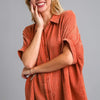 Umgee Full Size Cotton Gauze Mineral Wash Button Down Shirt Plus Size - Orange-Red
