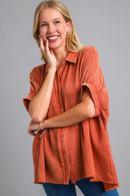 Umgee Full Size Cotton Gauze Mineral Wash Button Down Shirt Plus Size - Farnelli